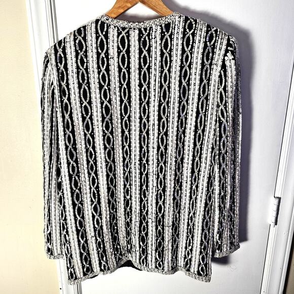 VTG Carina Silk Sequin Beaded Blazer Sz Lg Silver Black Holiday Evening Jacket - Picture 5 of 8